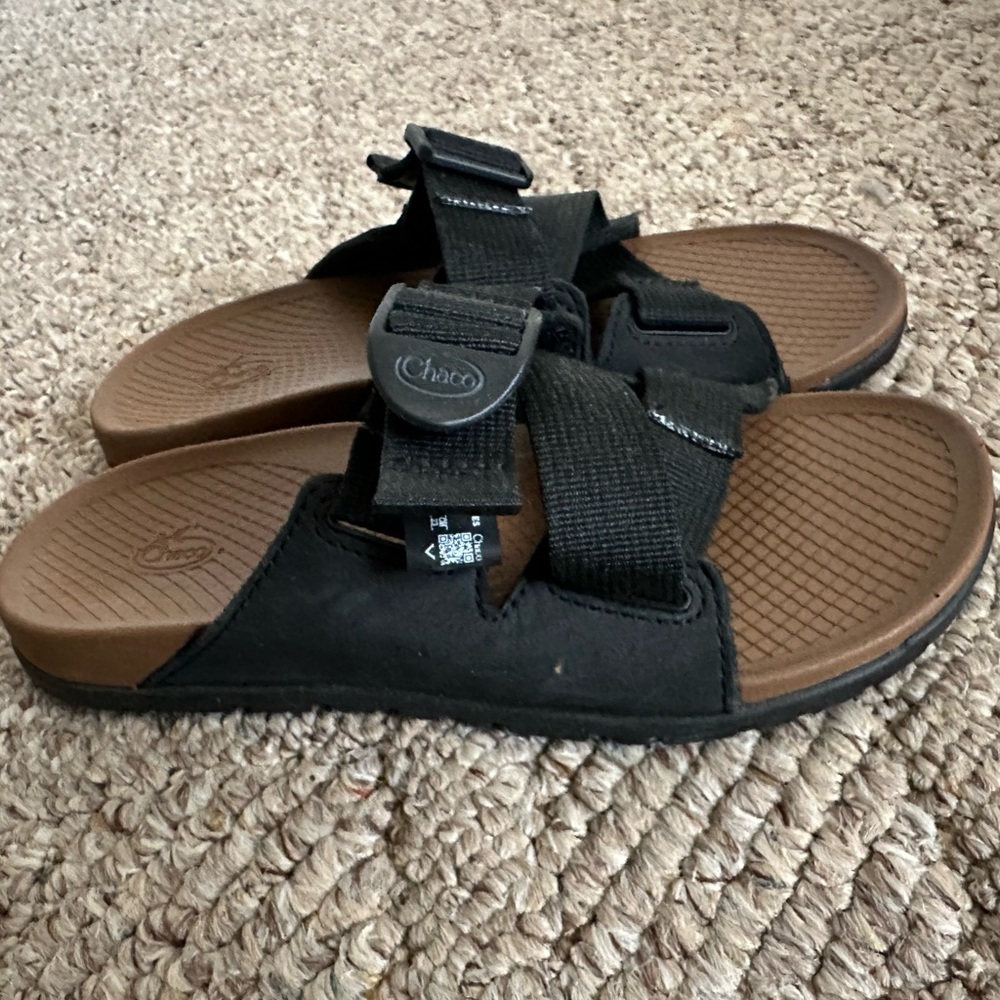 Black and brown Chacos